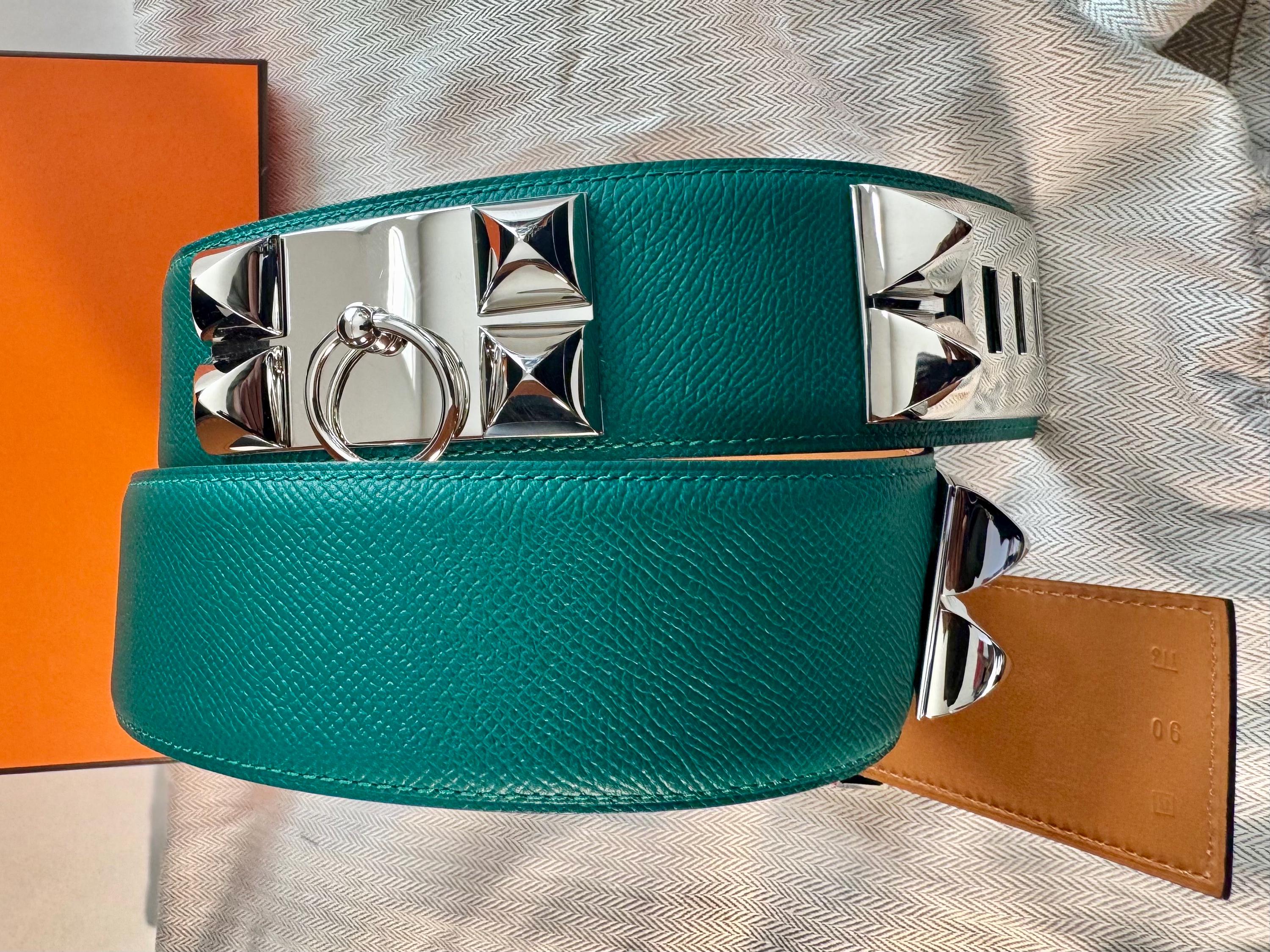 Hermes CDC Collier De Chien Malachite Green Gold Brown Palladium Silver 90 Belt Vintage Hermès Collier De Chien Belt – Malachite Epsom  main image 2