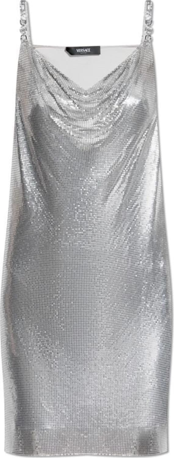 Vintage Versace Silver Chainmail Midi Dress with Medusa Hardware USA 4, Versace chainmail dress, Iconic Versace