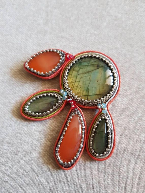 Genuine stones handmade brooch