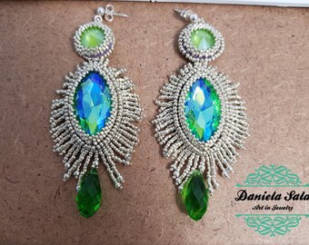 Green earrings with Swarovski crystals