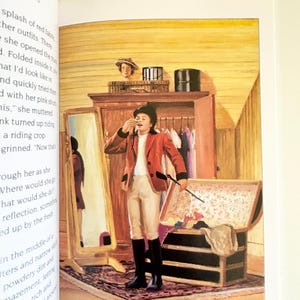 May include: An illustration from a book showing a person in a red riding jacket, white breeches, and black boots standing in a room. The person holds a riding crop near an open trunk and a tall mirror. A wooden wardrobe and a hat are visible nearby.