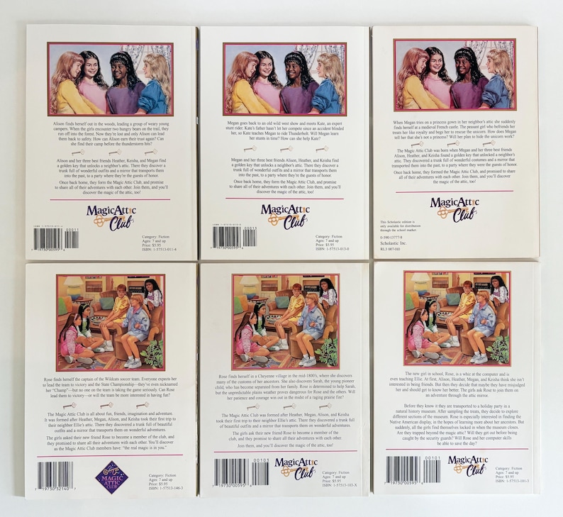 May include: Six back covers of Magic Attic Club books arranged in a grid. Each cover features a rectangular illustration of four young friends, a summary of the story, a barcode, and the Magic Attic Club logo with a key graphic at the bottom.