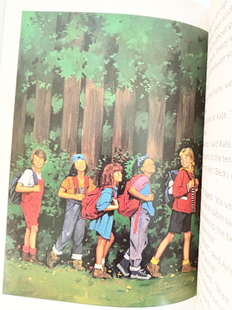 May include: A book illustration depicting five children walking in a line through a dense forest. Each child wears casual clothing, including shirts, shorts, or overalls, and carries a backpack. The scene features tall trees and green foliage.
