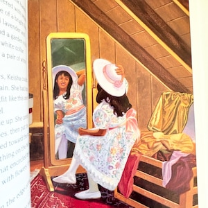 May include: An illustration of a person with dark hair wearing a white floral dress with a pink sash and a white hat with a pink band, looking into a tall, rectangular wooden floor mirror. The scene is set in an attic with wooden beams.