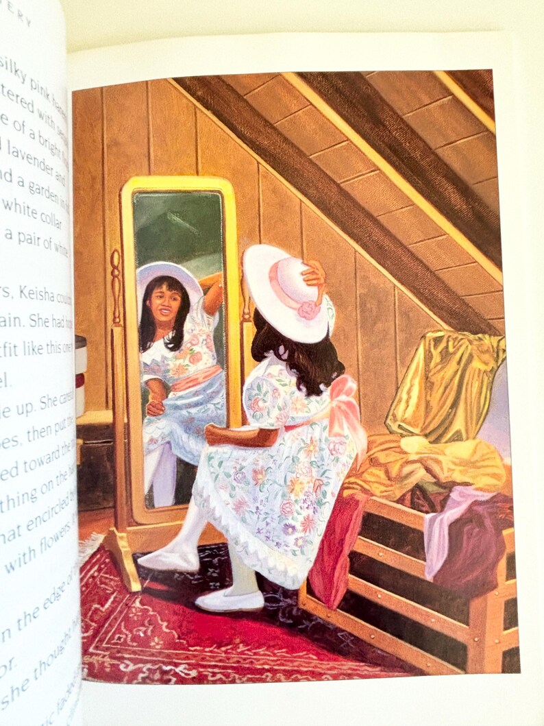 May include: An illustration of a person with dark hair wearing a white floral dress with a pink sash and a white hat with a pink band, looking into a tall, rectangular wooden floor mirror. The scene is set in an attic with wooden beams.