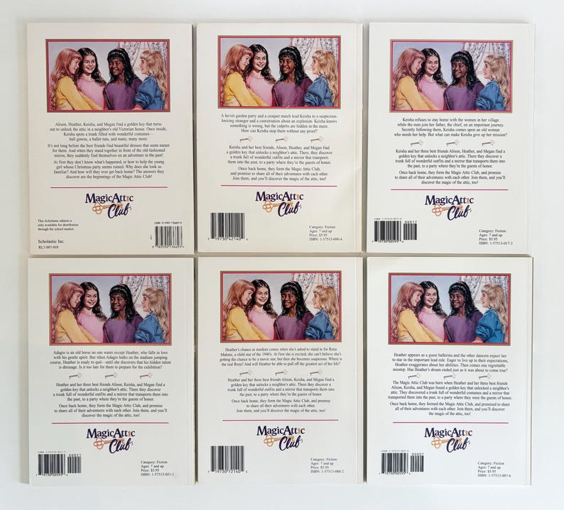 May include: Six identical white paperback book covers from the Magic Attic Club series arranged in two rows. Each cover features a rectangular illustration of four young girls and includes a printed summary, a barcode, and the series logo.