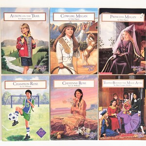 May include: A collection of six Magic Attic Club books featuring illustrated covers titled Alison on the Trail, Cowgirl Megan, Princess Megan, Champion Rose, Cheyenne Rose, and Trapped Beyond the Magic Attic, each depicting different characters.