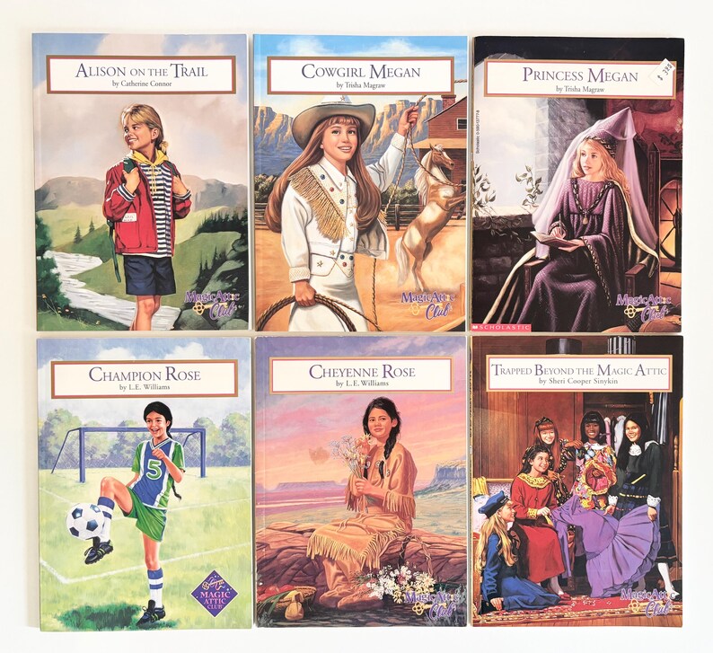 May include: A collection of six Magic Attic Club books featuring illustrated covers titled Alison on the Trail, Cowgirl Megan, Princess Megan, Champion Rose, Cheyenne Rose, and Trapped Beyond the Magic Attic, each depicting different characters.
