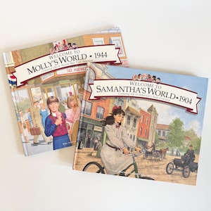 American Girl Welcome to Samantha&#39;s World & Molly&#39;s World, Set of 2 // Vintage Pleasant Company Non-Fiction Hardcover Books *Imperfect*