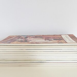 May include: A stack of ten softcover books with white spines and edges. The top book features a brown cover with a printed illustration of people in a room and the text The Secret of the Attic in a white rectangular box on the right side.