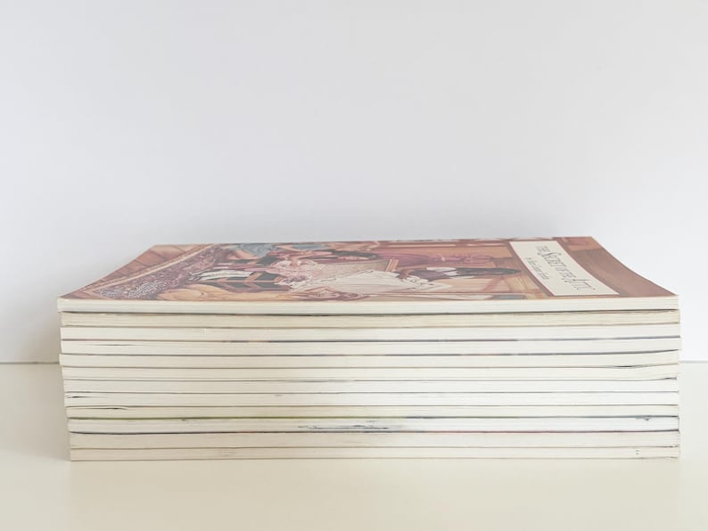 May include: A stack of ten softcover books with white spines and edges. The top book features a brown cover with a printed illustration of people in a room and the text The Secret of the Attic in a white rectangular box on the right side.