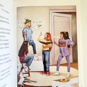 May include: An illustration of three children in a room. One child wears a green hat and blue shirt, another a yellow long-sleeve shirt and blue jeans, and the third a purple t-shirt and leggings. A banner on the wall reads PETER PAN.