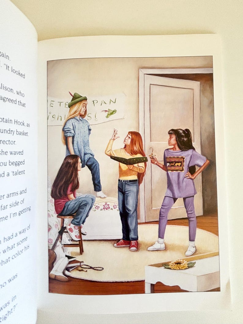 May include: An illustration of three children in a room. One child wears a green hat and blue shirt, another a yellow long-sleeve shirt and blue jeans, and the third a purple t-shirt and leggings. A banner on the wall reads PETER PAN.