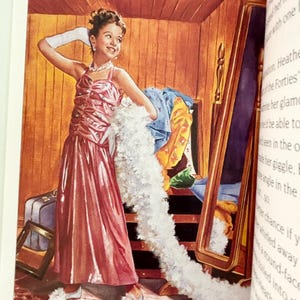 May include: A vintage-style illustration of a young person wearing a shiny pink floor-length gown, white opera gloves, and a pearl necklace. They are draped in a long white feather boa, standing in a room with wood paneling and a tall mirror.