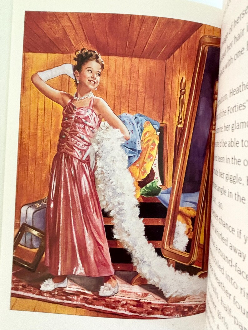 May include: A vintage-style illustration of a young person wearing a shiny pink floor-length gown, white opera gloves, and a pearl necklace. They are draped in a long white feather boa, standing in a room with wood paneling and a tall mirror.