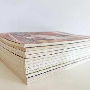 May include: A stack of ten rectangular magazines with soft covers, arranged in a neat pile. The top magazine features a colorful printed cover with brown, white, and tan tones. The edges of the pages are visible, showing a uniform thickness.