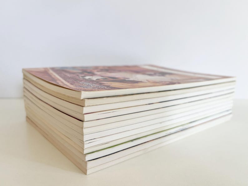 May include: A stack of ten rectangular magazines with soft covers, arranged in a neat pile. The top magazine features a colorful printed cover with brown, white, and tan tones. The edges of the pages are visible, showing a uniform thickness.
