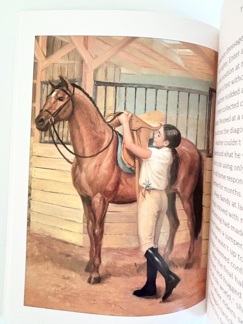 May include: A watercolor illustration of a brown horse standing in a wooden stable. A person with dark hair, wearing a white shirt, beige breeches, and black riding boots, is placing a tan leather saddle onto the horse's back.