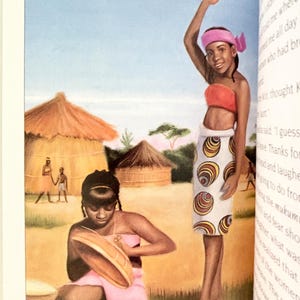 May include: An illustration of two individuals in a rural setting. One stands wearing a pink headband, orange tube top, and a white skirt with a brown and yellow circular pattern. The other kneels, wearing a pink garment, weaving a round tan basket.