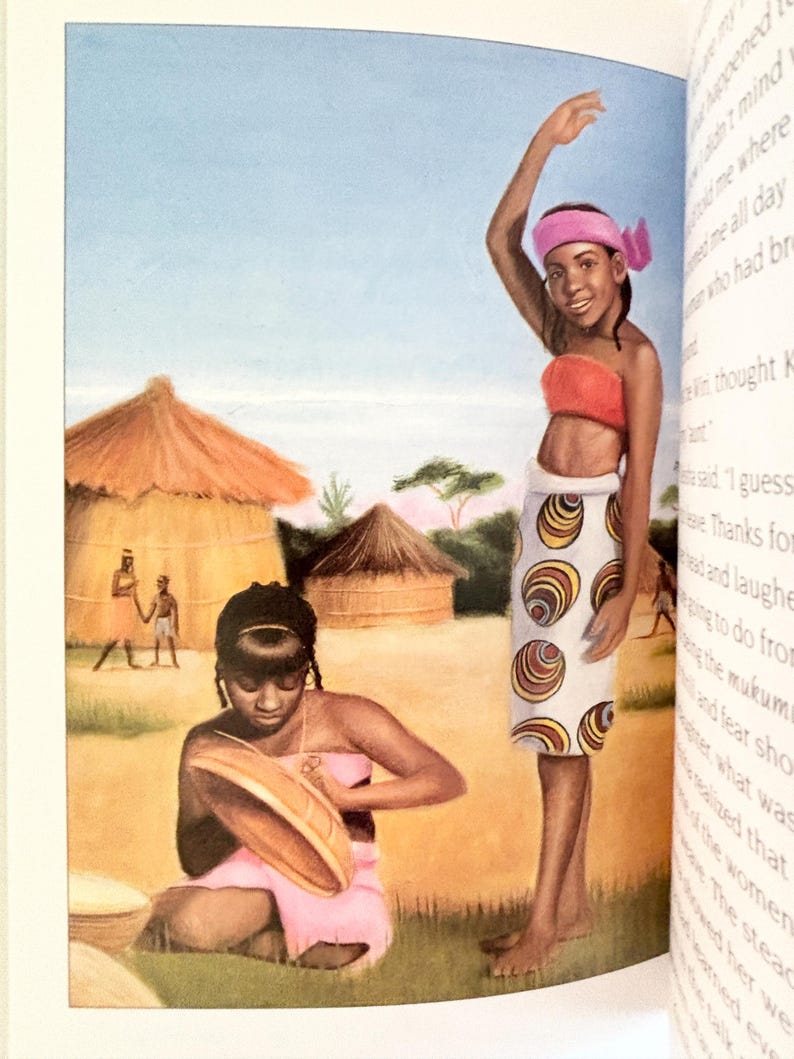 May include: An illustration of two individuals in a rural setting. One stands wearing a pink headband, orange tube top, and a white skirt with a brown and yellow circular pattern. The other kneels, wearing a pink garment, weaving a round tan basket.