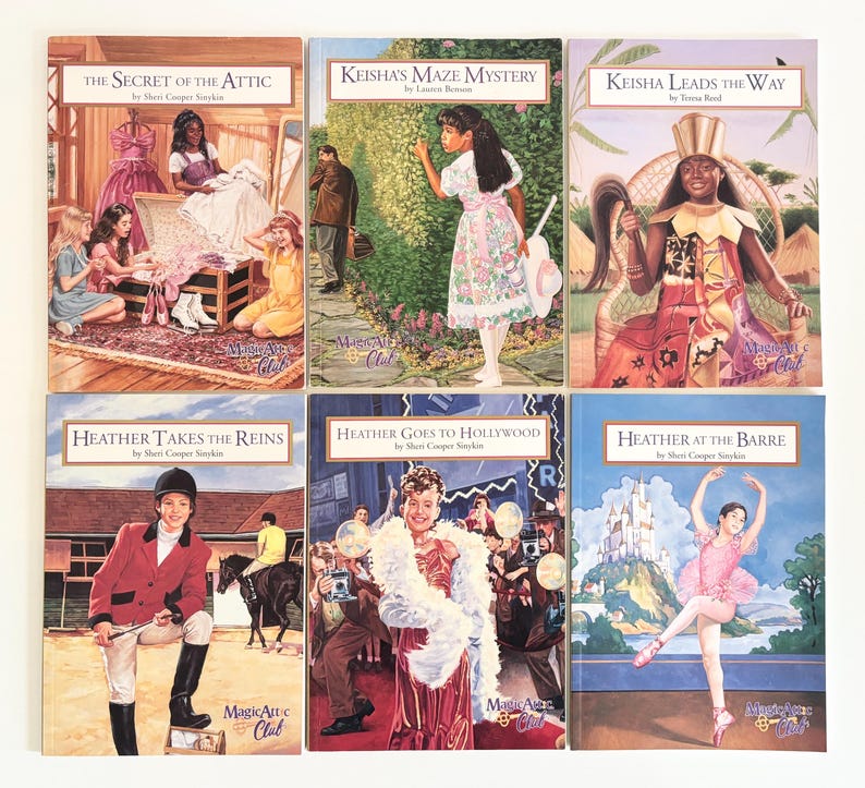 May include: A collection of six Magic Attic Club books featuring illustrated covers. Titles include The Secret of the Attic, Keisha's Maze Mystery, Keisha Leads the Way, Heather Takes the Reins, Heather Goes to Hollywood, and Heather at the Barre.