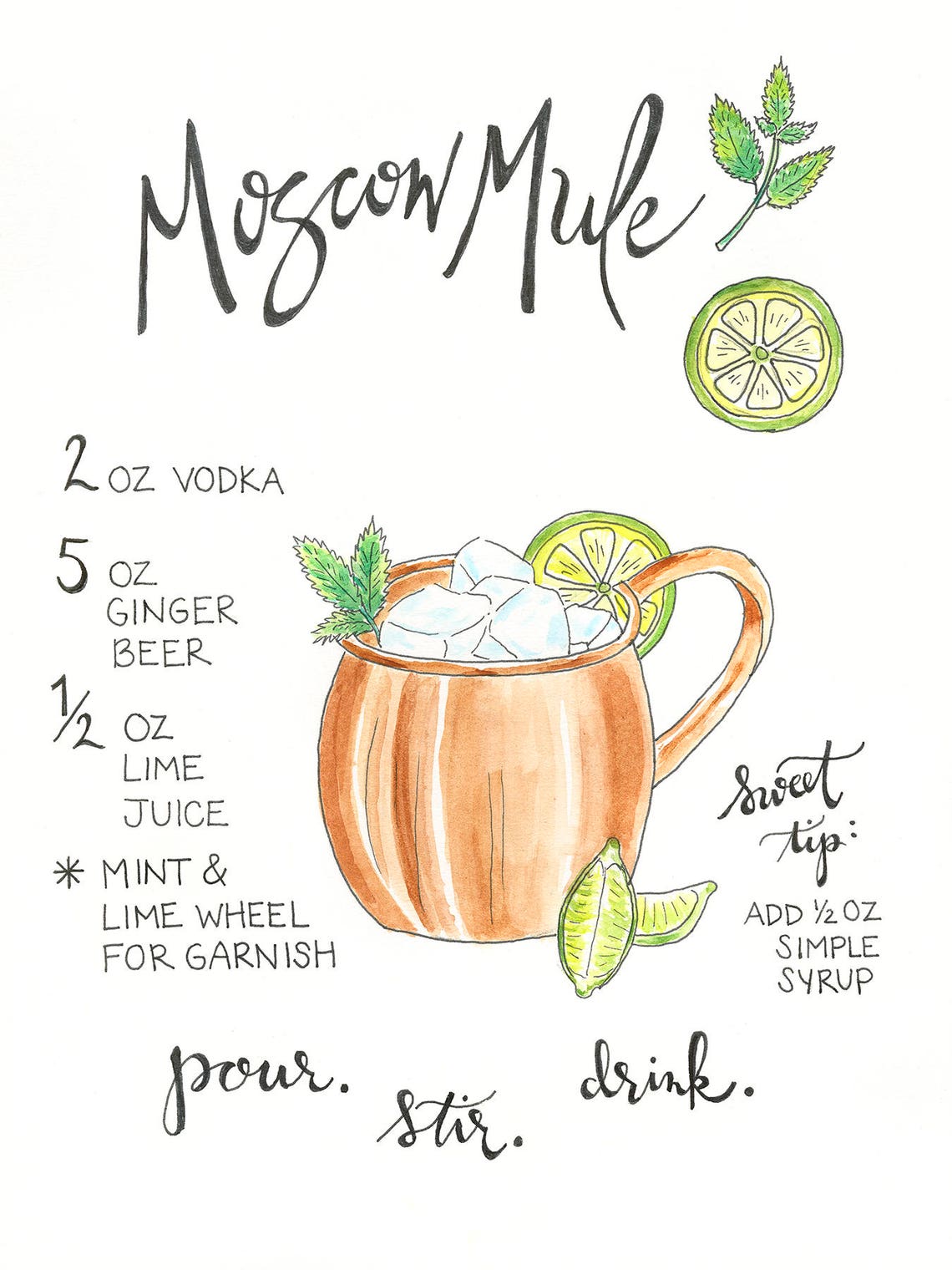 Moscow Mule Watercolor Art Print Drink Recipe Home Decor Etsy