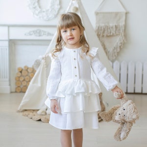 Long sleeve white linen dress for girls, Baptism linen dress, White christening linen dress, Girls linen dress with handmade bow