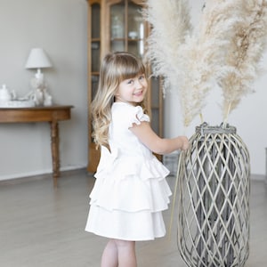 White linen girls dress for the christening, Baby flower girls linen dress, Handmade linen dress with cotton lace, Baptism linen dress