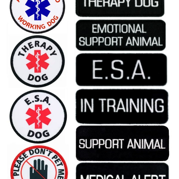Parches de chaleco de arnés para perros: Perro de terapia / Animal de apoyo E.S.A / Alerta médica / Se requiere acceso para perros de trabajo / Gancho y bucle / TODO ACCESO CANINO