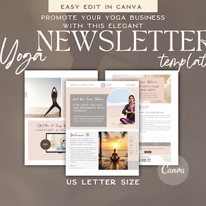 Może przedstawiać: Eleganckie szablony newsletterów jogi z miękką paletą kolorów. Projekt zawiera obrazy pozycji jogi i tekst "Promote Your Yoga Business with this Elegant Newsletter Templates". Szablony są w formacie US Letter i łatwe do edycji w Canva.