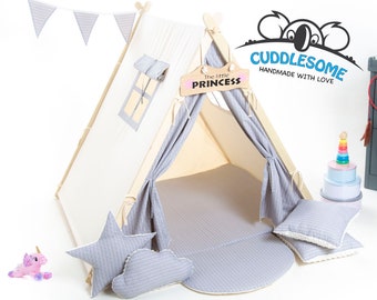 Tente tipi pour enfants grise de Cuddlesome / tipi avec tapis de jeu / jouet Montessori