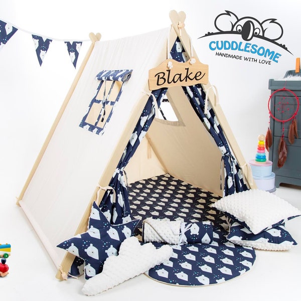 Navy bears teepee tent for children by Cuddlesome/ tipi kids/ Montessori bed