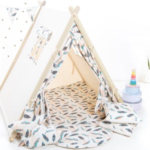 Cream feathers teepee tent for children by Cuddlesome, tipi for kids, Montessori bed image 1