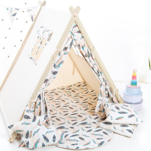 Cream feathers teepee tent for children by Cuddlesome, tipi for kids, Montessori bed