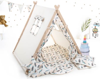 Tienda tipi de plumas en crema para niños de Cuddlesome, tipi para niños, cama Montessori