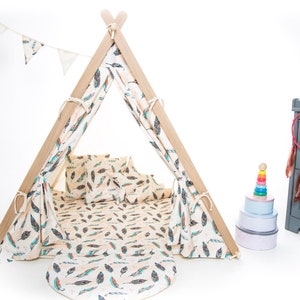 Cream feathers teepee tent for children by Cuddlesome, tipi for kids, Montessori bed image 5