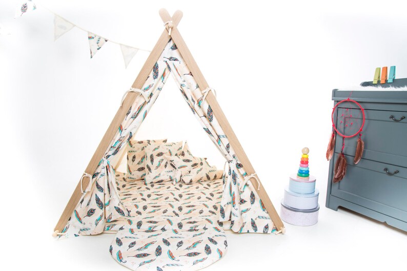 Cream feathers teepee tent for children by Cuddlesome, tipi for kids, Montessori bed image 5