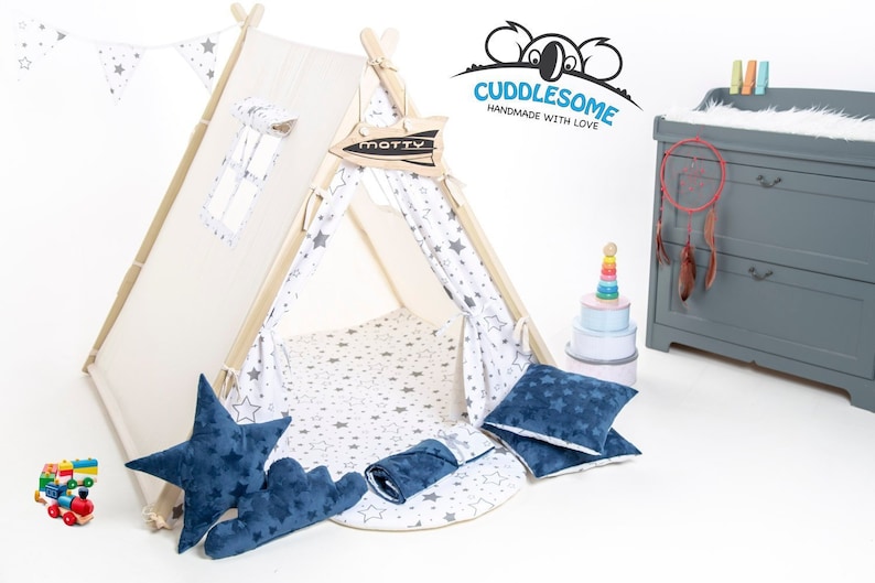 Grey stars teepee tent for children by Cuddlesome