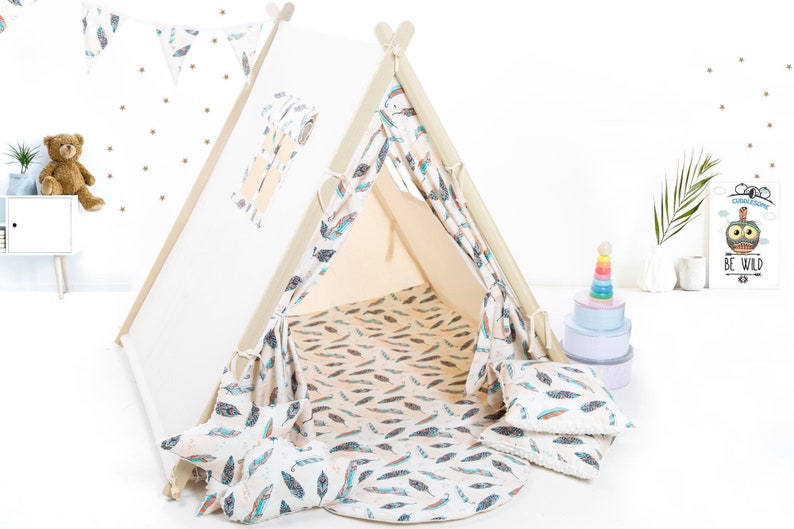 Cream feathers teepee tent for children by Cuddlesome, tipi for kids, Montessori bed image 1