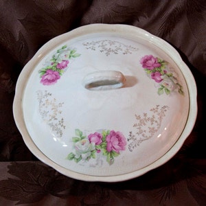 Vintage Covered Serving Dish with White and Pink Rose Transferware