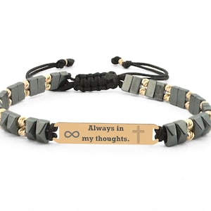 14K Solid Gold Memorial Bracelet for Men, Personalized Men&#39;s Bracelet, Custom Engraved Gold and Stone Beaded Bracelet, Perfect Gift for Him