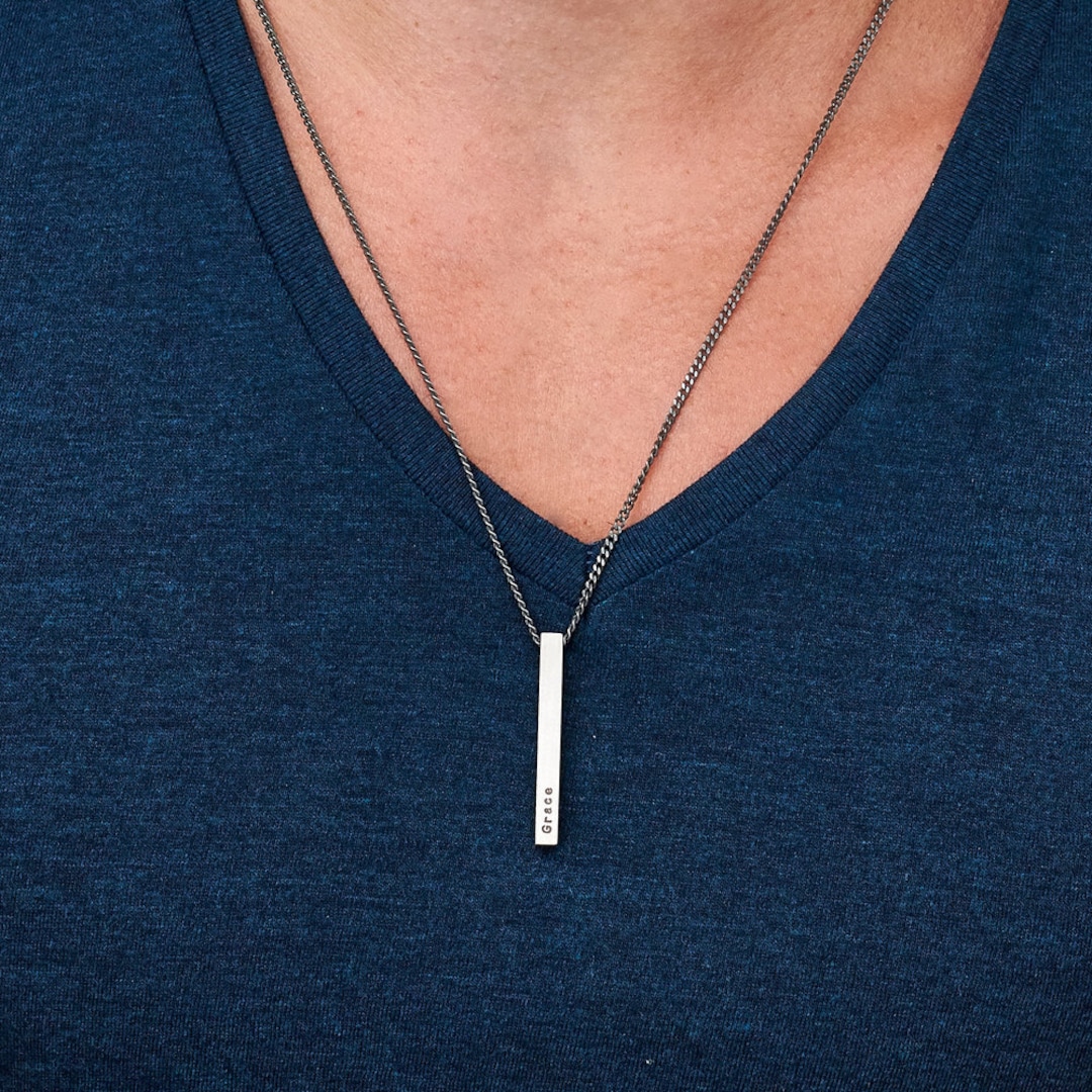 Personalized Mens Necklace Vertical Bar Necklace Silver Etsy