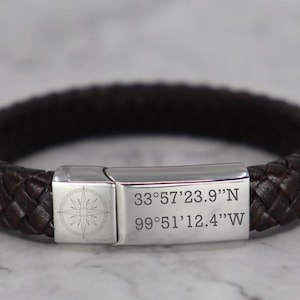 Custom Coordinates Bracelet - Personalized Gift for Him - Boyfriend Anniversary Gift - Anniversary Gift for Husband - Mens Leather Bracelet
