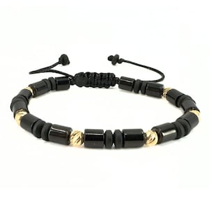 Hematite Stone & 14K Gold Beads Bracelet for Men, Handmade Gold Beads Jewelry, Water Proof Cord Bracelet, 14k Gold Jewelry, Gift for Him