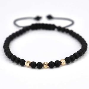 14K echt goud en zwarte onyx-armband voor heren, verstelbare kralenarmband, gouden herensieraden, perfect cadeau voor hem