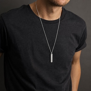 Personalized Necklace for Men, Custom Name or Coordinates Bar Pendant, Engraved Vertical Necklace, Cuban Chain, Gift for Him Dad