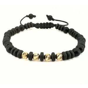 Hematite, Onyx Stone & 14K Gold Bead Bracelet for Men, Handmade Gold Jewelry, Water Proof Cord Bracelet, 14k Gold Jewelry, Gift for Him