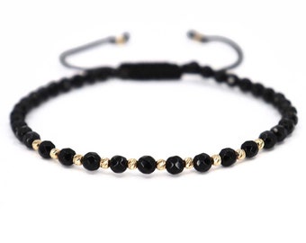 14K Gold Mens Bracelet, Faceted Onyx Beaded Bracelet, Adjustable Cord Bracelet, Mens Gold Jewelry, Perfect Gift for Him