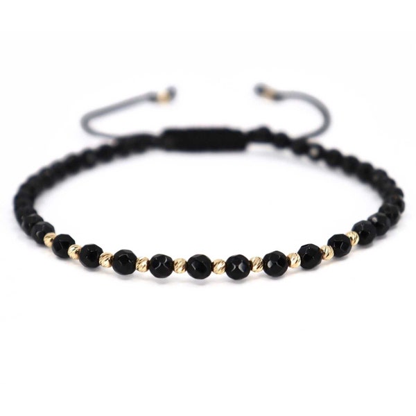 Bracelet pour homme en or 14 carats, bracelet en perles d'onyx à facettes, bracelet cordon réglable, bijoux en or pour homme, cadeau parfait pour lui