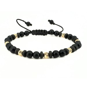 Hematite, Onyx & 14K Gold Beaded Bracelet for Men, Handmade Gold Beads Jewelry, Water Proof Cord Bracelet, 14k Gold Jewelry, Gift for Men